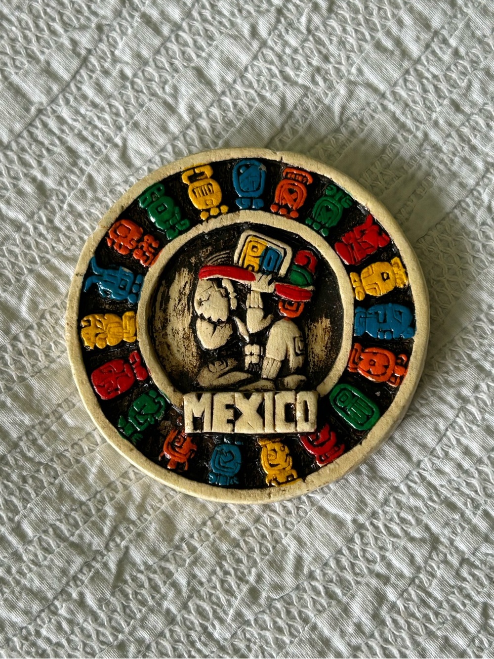 Vintage Mexico Ceramic Decorative Magnet with Colorful Aztec Motif